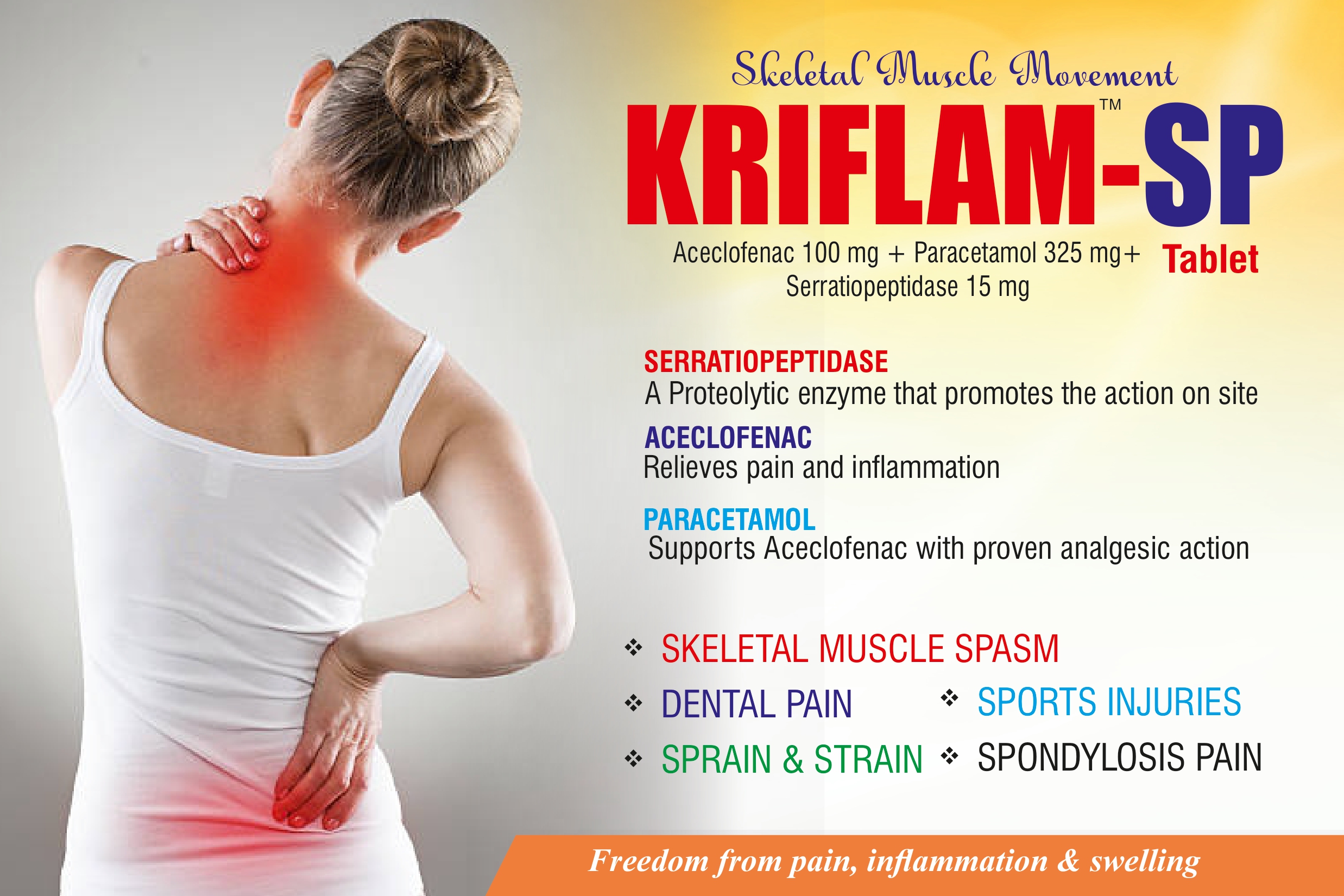 KRIFLAM-SP Tablet (Aceclofenac 100 mg + Paracetamol 325 mg + Serratiopeptidase 15 mg)