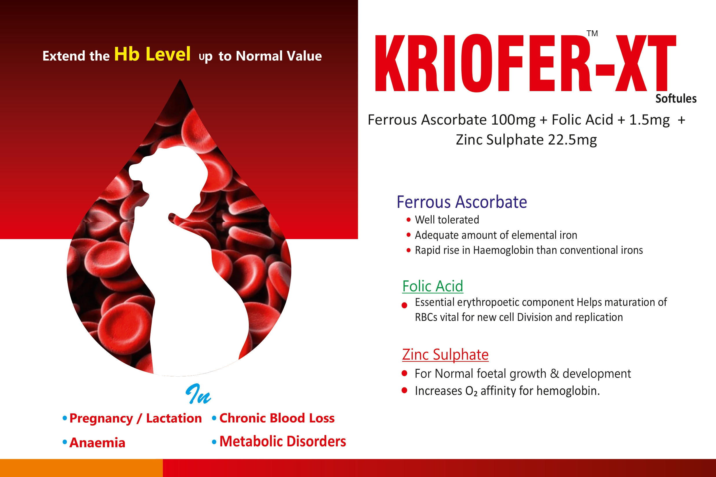 KRIOFER-XT Softules (Ferrous Ascorbate 100 mg + Folic Acid 1.5 mg + Zinc Sulphate 22.5 mg)